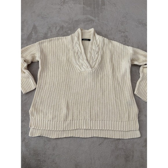 LRL Lauren Ralph Lauren Women's Size Large Cable Knit V‎ Neck Sweater Beige - Picture 1 of 8